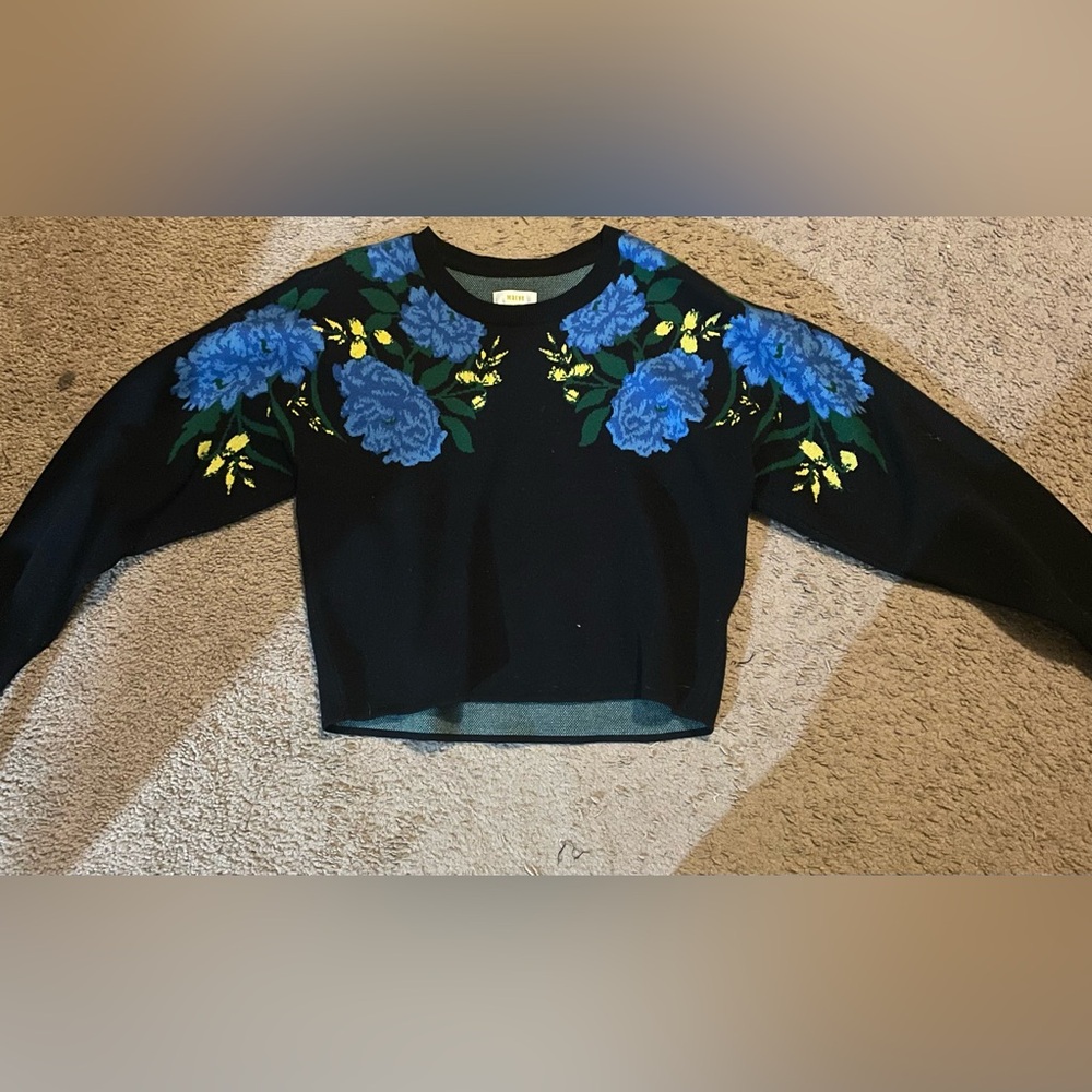 Anthropologie Black Sweater with Blue Floral Design